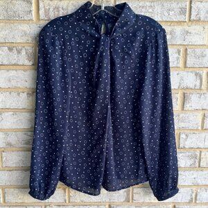 Ann Taylor Navy Blue Polka Dot Long Sleeve Dress Shirt Women's Size M